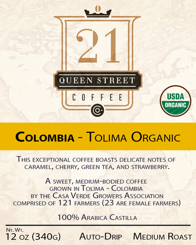 Colombia - Tolima Organic Coffee - This exceptional coffee boasts delicate notes of  caramel, cherry, green tea, and strawberry.